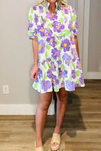 Load image into Gallery viewer, Purple Floral V Collar Short Sleeve Tiered Ruffle Mini Dress