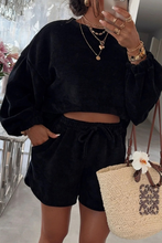 Load image into Gallery viewer, Dark Brown Solid Color Textured Knit Drop Shoulder Pullover Drawstring Shorts Set