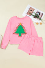 Load image into Gallery viewer, Sachet Pink Plaid Contrasted Double Christmas Tree Patched Raglan Sleeve Pullover 2pcs Short Set