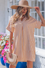 Load image into Gallery viewer, Brown Stripe Pinched V Neck Turn-up Cuffs Shift Mini Dress