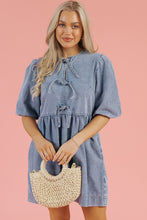 Load image into Gallery viewer, Dusk Blue Bowknot Bubble Sleeve Short Denim Dress