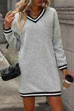 Load image into Gallery viewer, Light Grey Striped Trim V Neck Long Sleeve Preppy T Shirt Dress