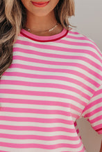 Load image into Gallery viewer, Pink Stripe Contrast Trim Short Sleeve Top Loose Shorts 2pcs Casual Outfit