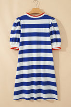 Load image into Gallery viewer, Red Stripe Contrast Trim Round Neck Short Puff Sleeve Shift Mini Dress