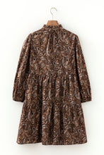 Load image into Gallery viewer, Brown Paisley Print Half Buttons Puff Sleeve Flowy Short Dress
