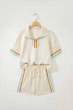 Load image into Gallery viewer, Apricot Colorful Striped Detail Half Zip Polo Tee Loose Shorts Set
