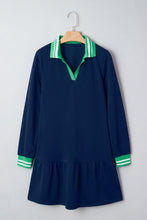 Load image into Gallery viewer, Navy Blue Contrast Striped Cuffs Polo Collar Patchwork Long Sleeve Ruffle Hem Mini Dress