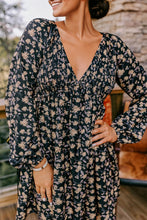 Load image into Gallery viewer, Black Floral Deep V Neck Smocked Bust Bubble Sleeve Babydoll Dress
