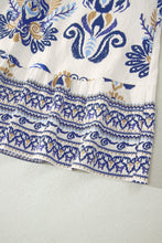 Load image into Gallery viewer, Blue Boho Floral Printed Split Neck Ruffled Sleeve Mini Dress
