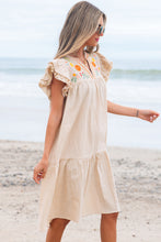 Load image into Gallery viewer, Jet Stream Linen Embroidery Split Neck Pom Pom Ruffle Sleeves Flowy Short Dress