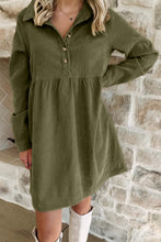 Load image into Gallery viewer, Black Corduroy Half Button Collared Long Sleeve Mini Dress