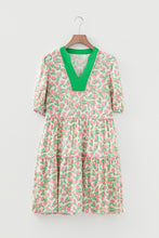 Load image into Gallery viewer, Green Contrast Neckline Ricrac Trim Floral Short Puff Sleeve Dress