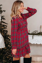 Load image into Gallery viewer, Red Plaid Shirt Collar Half Button Ruffle Hem Long Sleeve Mini Dress