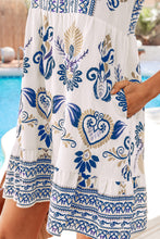 Load image into Gallery viewer, Blue Boho Floral Printed Split Neck Ruffled Sleeve Mini Dress