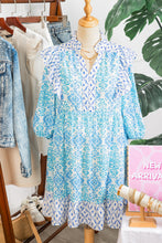 Load image into Gallery viewer, Sky Blue Boho Floral Geometric Patchwork Ruffle Detail Puff Sleeve Mini Dress