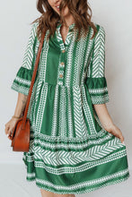 Load image into Gallery viewer, Green Boho Ethnic Print Half Button 3/4 Sleeve Casual Dress
