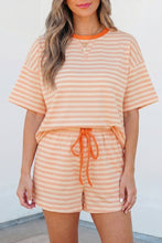 Load image into Gallery viewer, Pink Stripe Contrast Neck Loose Tee and Drawstring Shorts Set