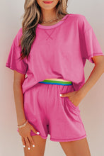 Load image into Gallery viewer, Bright Pink Seam Detail Raw Edge Tee Rainbow Waistband Casual Short Set