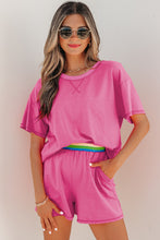 Load image into Gallery viewer, Bright Pink Seam Detail Raw Edge Tee Rainbow Waistband Casual Short Set