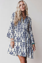 Load image into Gallery viewer, Blue Boho Floral Print Lettuce Trim 3/4 Sleeve Mini Dress
