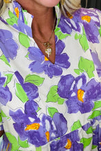 Load image into Gallery viewer, Purple Floral V Collar Short Sleeve Tiered Ruffle Mini Dress