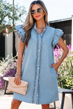 Load image into Gallery viewer, Red Sandalwood Frilled Detail Button Down Ruffle Short Sleeve Denim Mini Dress