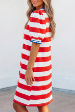 Load image into Gallery viewer, Red Stripe Contrast Trim Round Neck Short Puff Sleeve Shift Mini Dress
