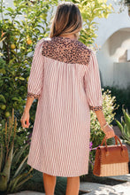 Load image into Gallery viewer, Pink Stripe Square Button Leopard Trim Loose Bracelet Sleeve Shirt Dress