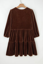 Load image into Gallery viewer, Chicory Coffee Solid Color Velvet V Neck Long Sleeve Tiered Mini Dress