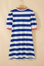 Load image into Gallery viewer, Red Stripe Contrast Trim Round Neck Short Puff Sleeve Shift Mini Dress