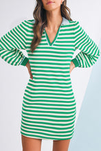 Load image into Gallery viewer, Green Striped Contrast Collar Split Neck Long Sleeve Mini Dress