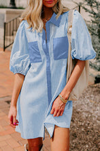 Load image into Gallery viewer, Sky Blue Stripe Color Block Patchwork Shirt Collar Button Down Puff Sleeve Mini Dress