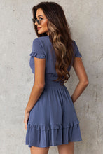 Load image into Gallery viewer, Blue Deep V Neck Self-tie Knotted Front Layered Flare Mini Dress