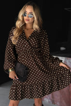 Load image into Gallery viewer, Chicory Coffee Polka Dot Long Sleeve Wrap V Neck Ruffle Hem Mini Dress
