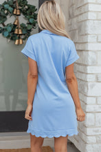 Load image into Gallery viewer, Beau Blue Solid Color Snap Button Polo Collar Short Sleeve Scallop Hem Mini Dress