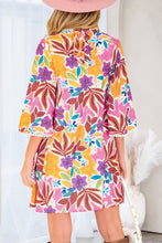 Load image into Gallery viewer, Pink Floral Print Lace Trimmed Tie Back Bell Sleeve Swing Mini Dress