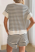 Load image into Gallery viewer, Black Stripe Ribbed Color Block Trim Zip Polo Tee Drawstring Shorts 2pcs Outfit