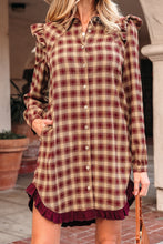 Load image into Gallery viewer, Red Plaid Print Ruffled Long Sleeve Patchwork Hem Mini Shirt Dress