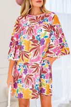 Load image into Gallery viewer, Pink Floral Print Lace Trimmed Tie Back Bell Sleeve Swing Mini Dress