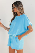 Load image into Gallery viewer, Light Blue Solid Color Puffy Loose Top Drawstring Shorts 2pcs Outfit