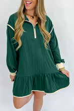 Load image into Gallery viewer, Evergreen Contrast Trim Zip Collar Long Sleeve Ruffle Hem Mini Dress