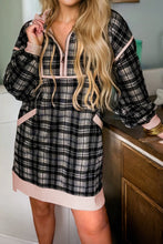 Load image into Gallery viewer, Black Plaid Polo Collar Zip up Contrast Trim Shift Long Sleeve Mini Dress