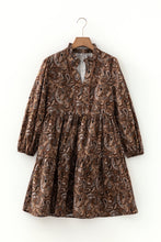 Load image into Gallery viewer, Brown Paisley Print Half Buttons Puff Sleeve Flowy Short Dress