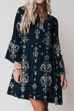Load image into Gallery viewer, Blue Boho Floral Print Lettuce Trim 3/4 Sleeve Mini Dress