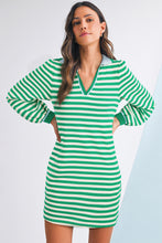 Load image into Gallery viewer, Green Striped Contrast Collar Split Neck Long Sleeve Mini Dress