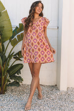 Load image into Gallery viewer, Orange Geometric Floral V Neck Buttoned Ruffled Sleeve Mini Dress