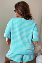 Load image into Gallery viewer, Green Stripe Raised Rib Loose Tee Drawstring Elastic Waist 2pcs Short Set
