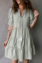 Load image into Gallery viewer, Green Stripe Tasseled Tie Neck Ruffled Short Sleeve Tiered Flattering Dress