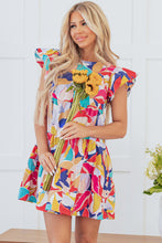 Load image into Gallery viewer, Pink Abstract Printed Ruffled Flutter Sleeve Tiered Mini Dress
