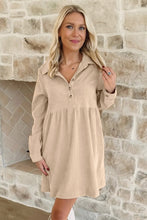 Load image into Gallery viewer, Black Corduroy Half Button Collared Long Sleeve Mini Dress
